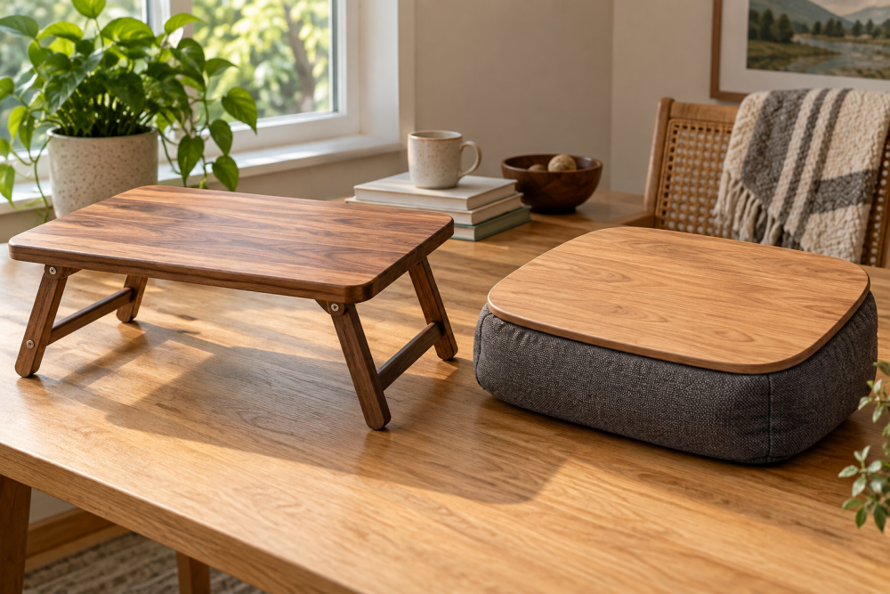 AI-generated editorial illustration of wooden lap desks