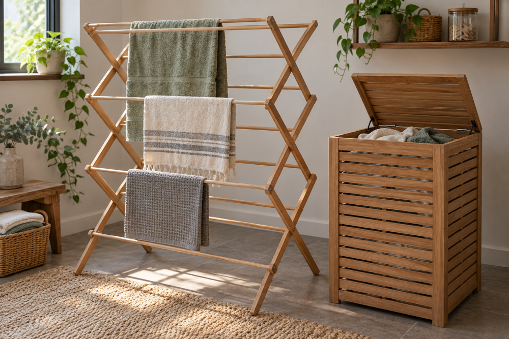 AI-generated editorial illustration of wooden laundry rack and hamper