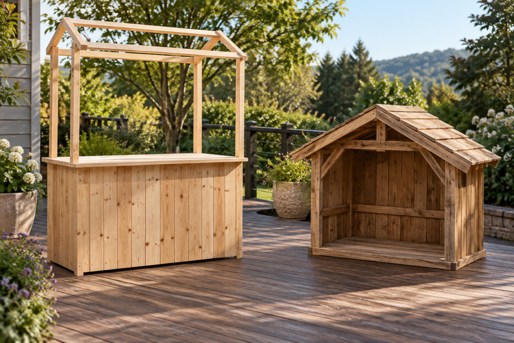 AI-generated editorial illustration of wooden lemonade canopy and nativity stable