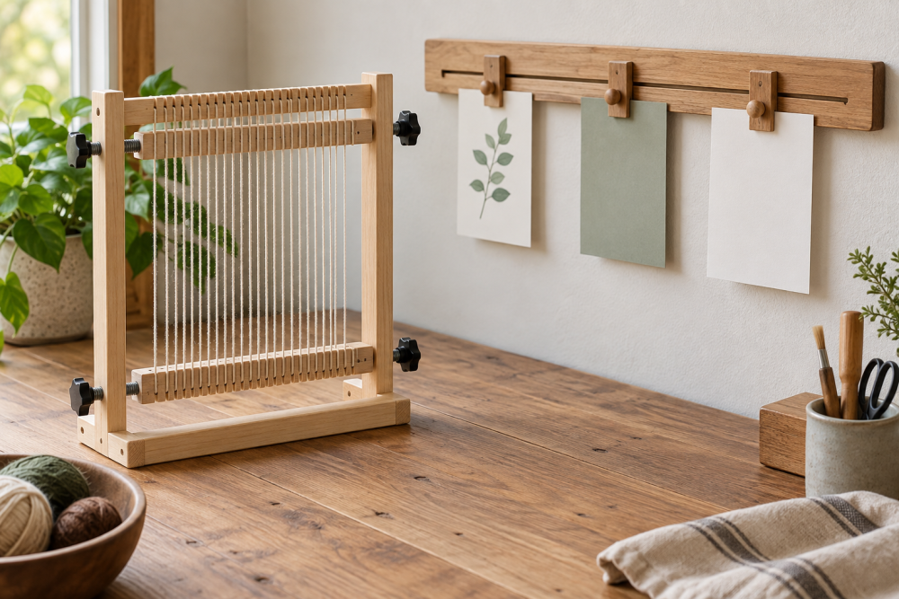 AI-generated editorial illustration of wooden loom and picture display rail