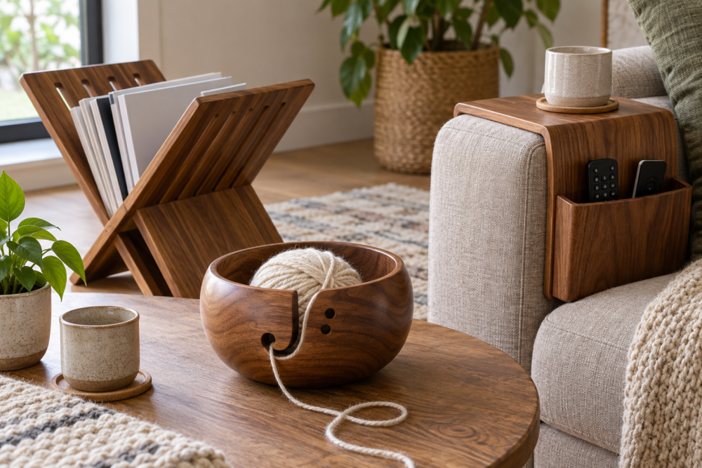 AI-generated editorial illustration of wooden magazine yarn and sofa organizers