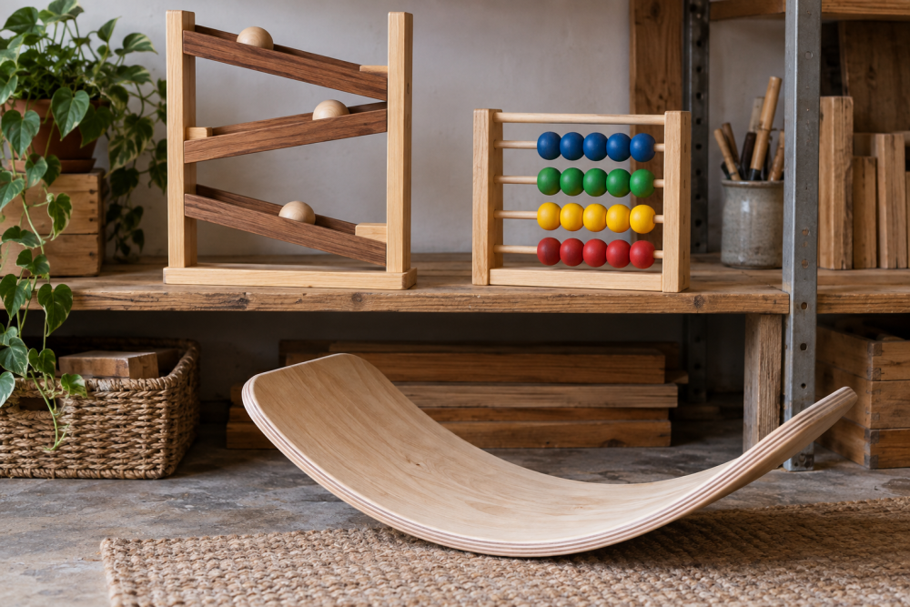 AI-generated editorial illustration of wooden marble run abacus and balance board