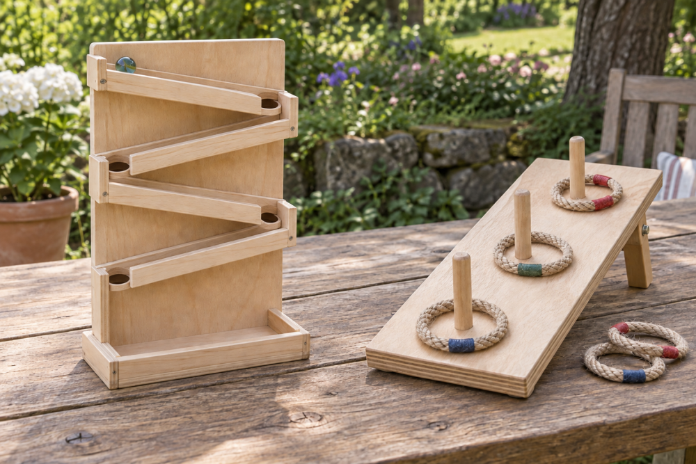 AI-generated editorial illustration of wooden marble run and folding ring toss