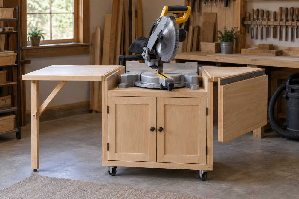 AI-generated editorial illustration of wooden miter station with folding wings