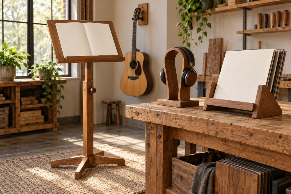 AI-generated editorial illustration of wooden music and headphone stands