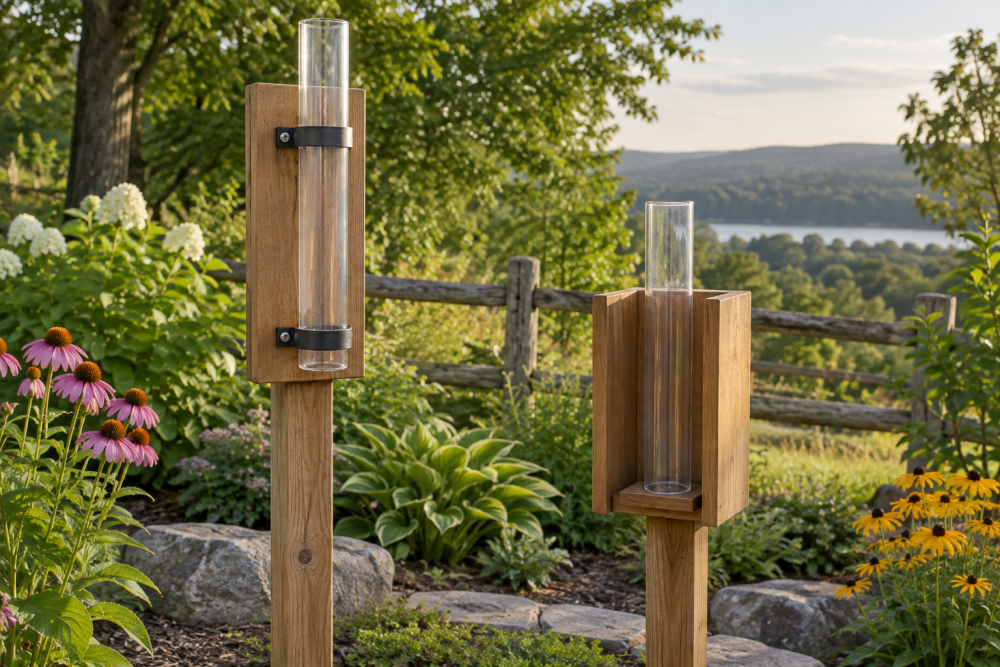AI-generated editorial illustration of wooden open rain gauge stands