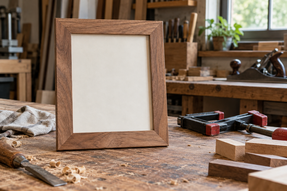 AI-generated editorial illustration of wooden picture frame