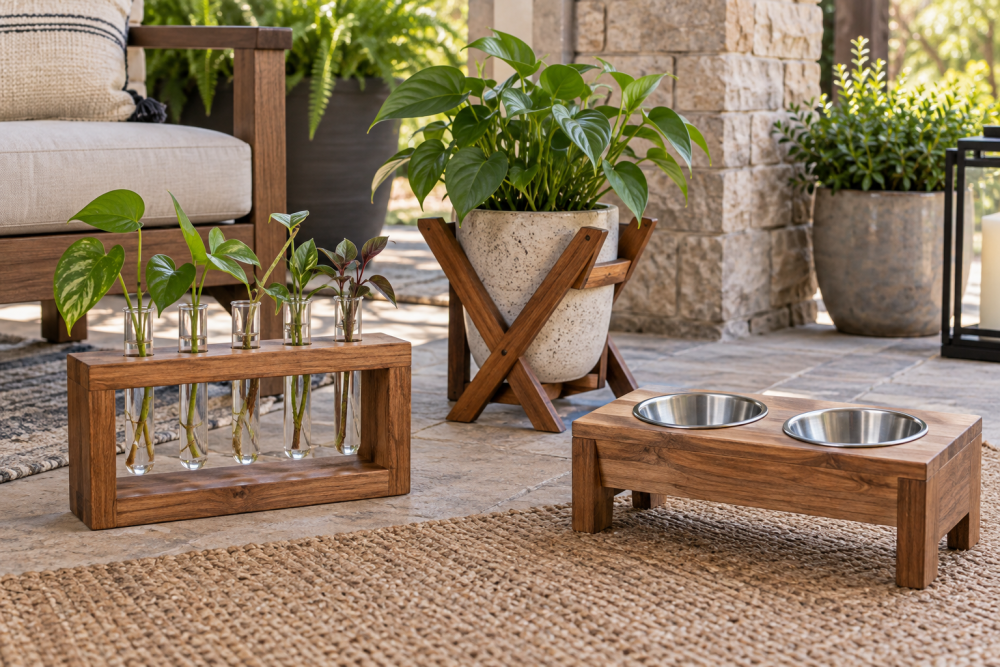 AI-generated editorial illustration of wooden plant propagation and feeding stands
