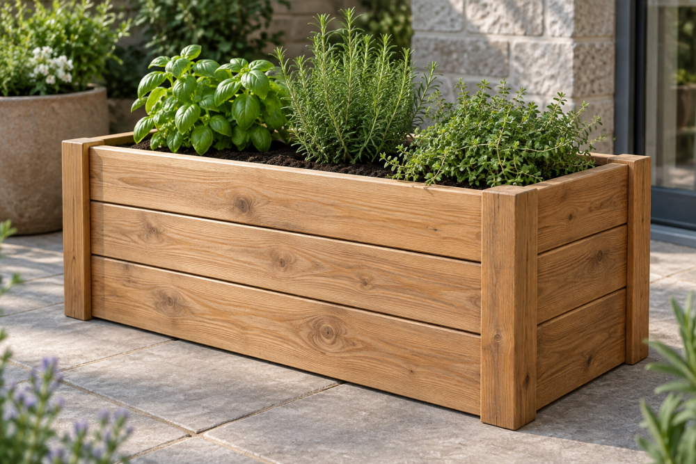 AI-generated editorial illustration of wooden planter.