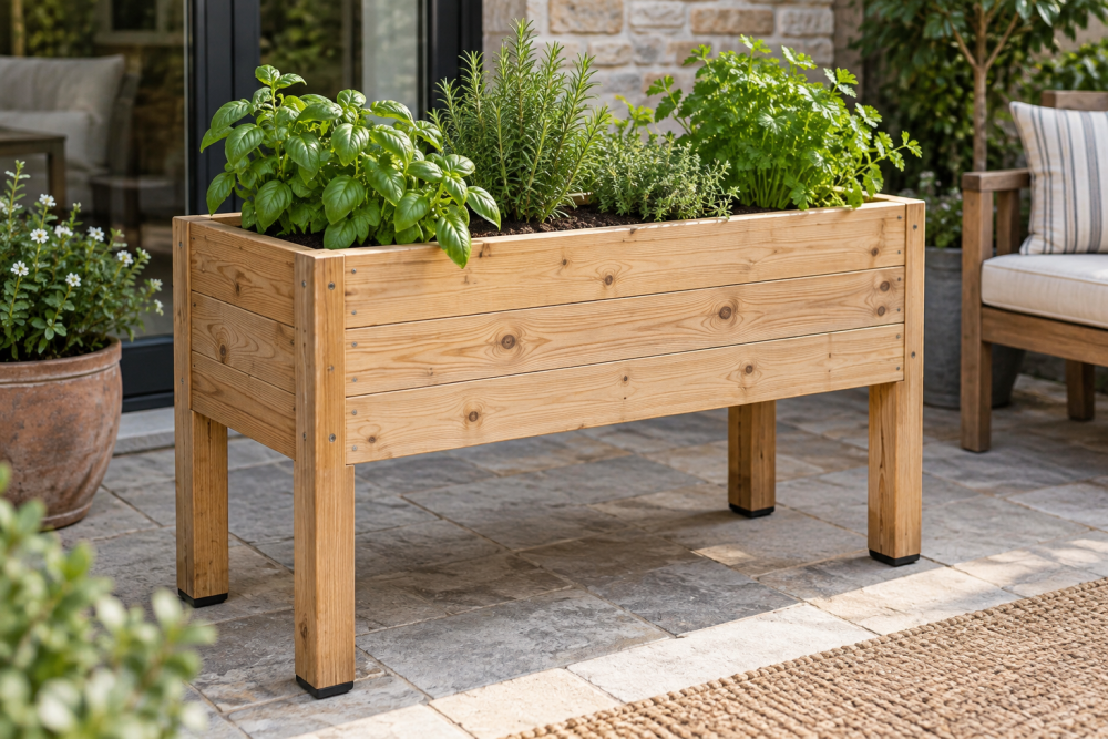 AI-generated editorial illustration of wooden planter raised