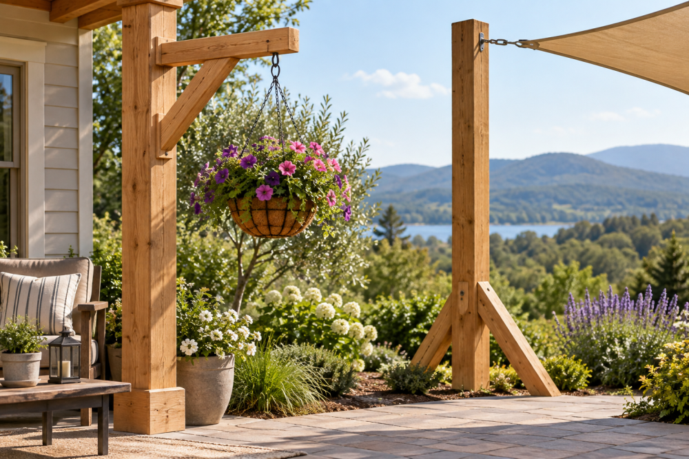 AI-generated editorial illustration of wooden porch bracket and braced shade post