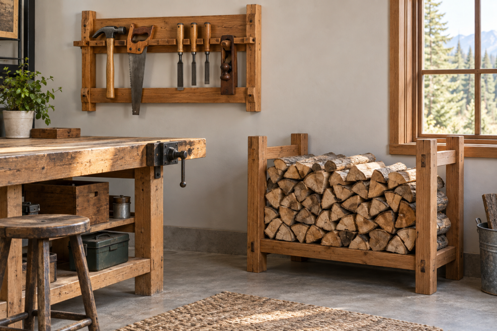 AI-generated editorial illustration of wooden racks assortment
