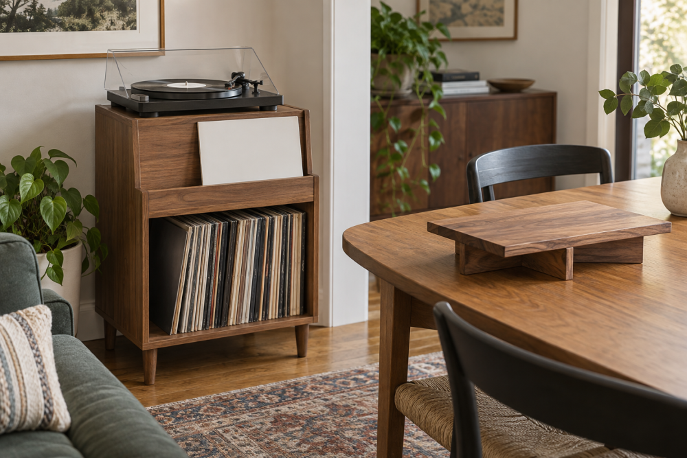AI-generated editorial illustration of wooden record cabinet and serving stand