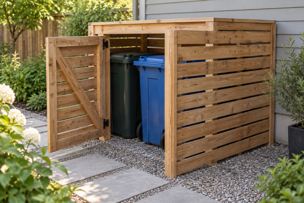 AI-generated editorial illustration of wooden recycling bin enclosure