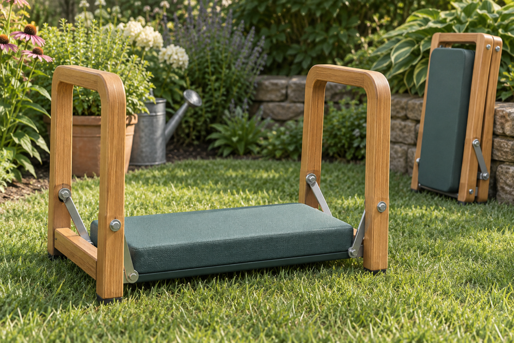 AI-generated editorial illustration of wooden reversible garden kneeler