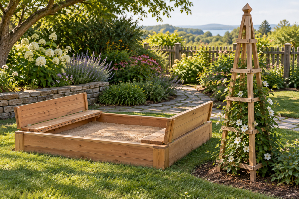 AI-generated editorial illustration of wooden sandbox and garden obelisk