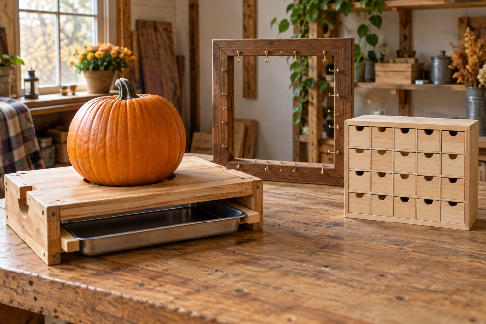 AI-generated editorial illustration of wooden seasonal craft workstations