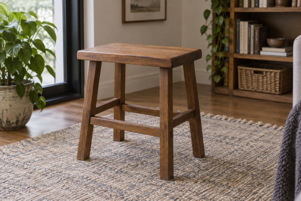 AI-generated editorial illustration of wooden seat stool