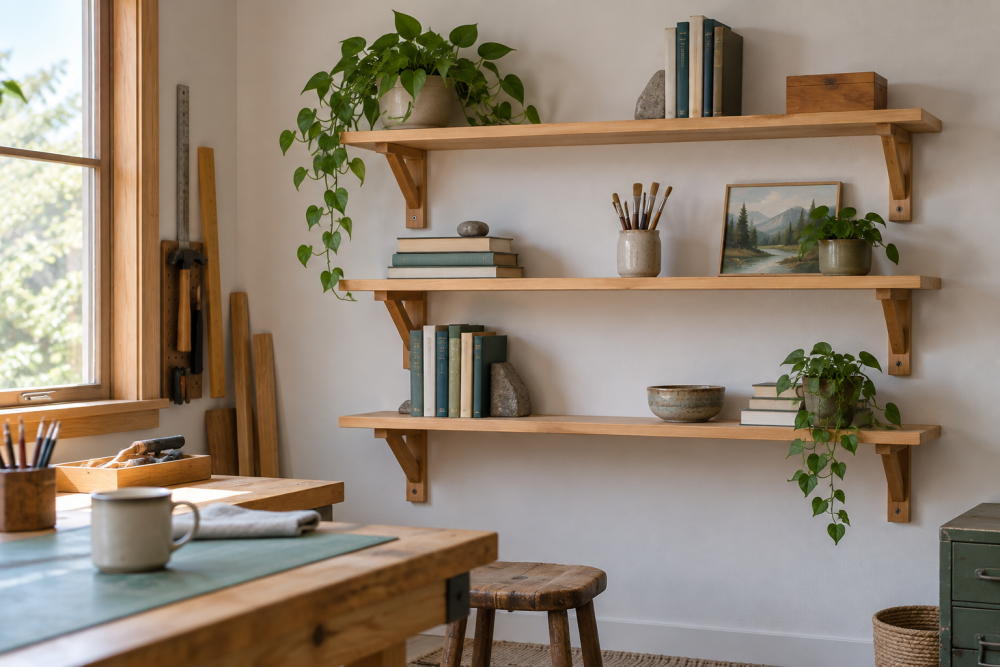 AI-generated editorial illustration of wooden shelves.