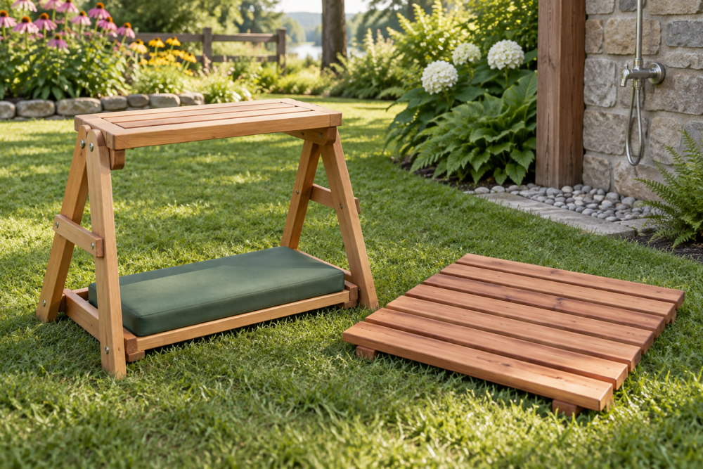 AI-generated editorial illustration of wooden shower mat and folding stool