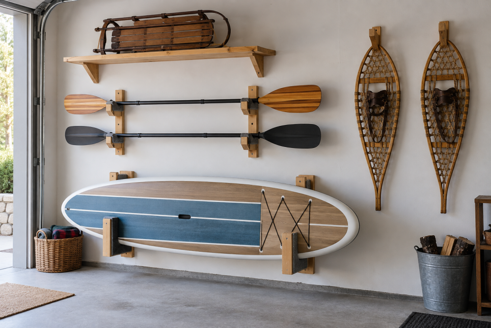 AI-generated editorial illustration of wooden sports storage racks