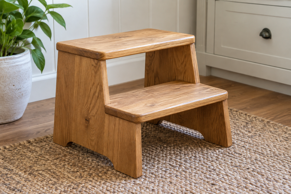 AI-generated editorial illustration of wooden step stool