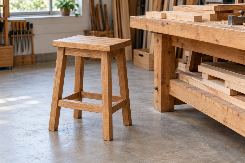 AI-generated editorial illustration of wooden stool.