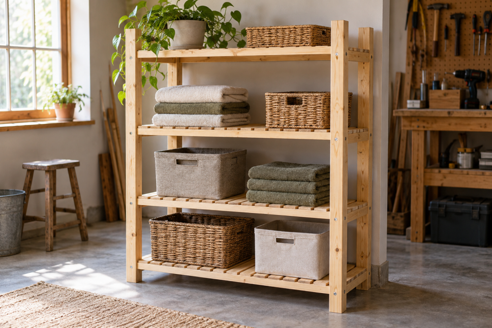 AI-generated editorial illustration of wooden storage rack