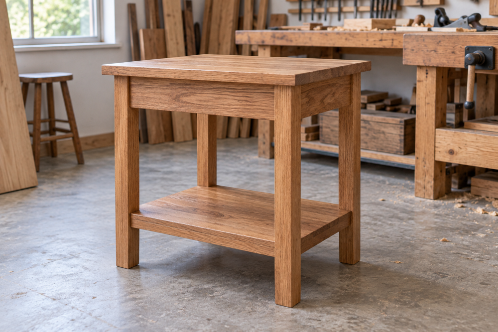 AI-generated editorial illustration of wooden table.