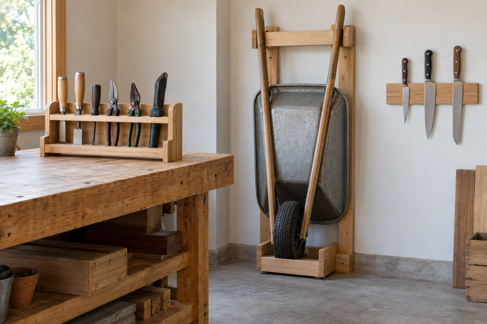 AI-generated editorial illustration of wooden tool display and wall holders