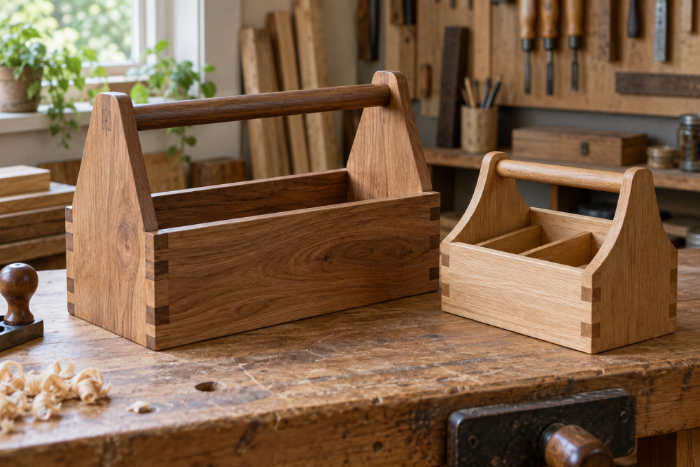 AI-generated editorial illustration of wooden tote caddy