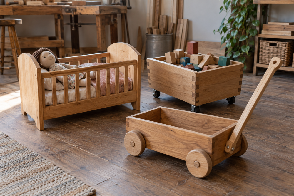 AI-generated editorial illustration of wooden toy carts and doll bed