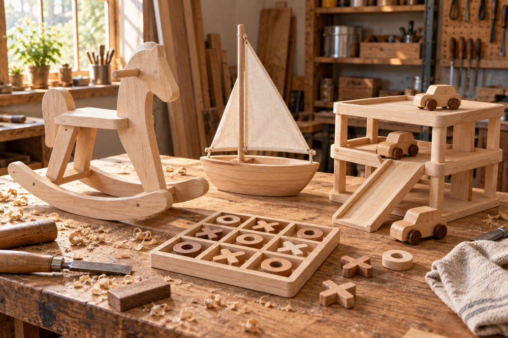 AI-generated editorial illustration of wooden toy projects