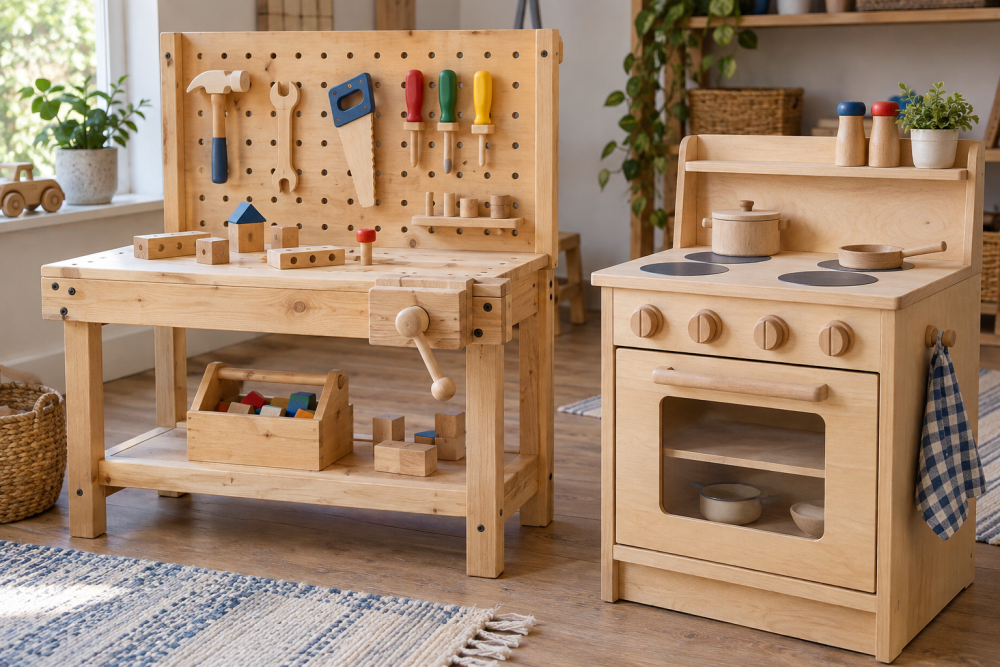 AI-generated editorial illustration of wooden toy workbench and play kitchen