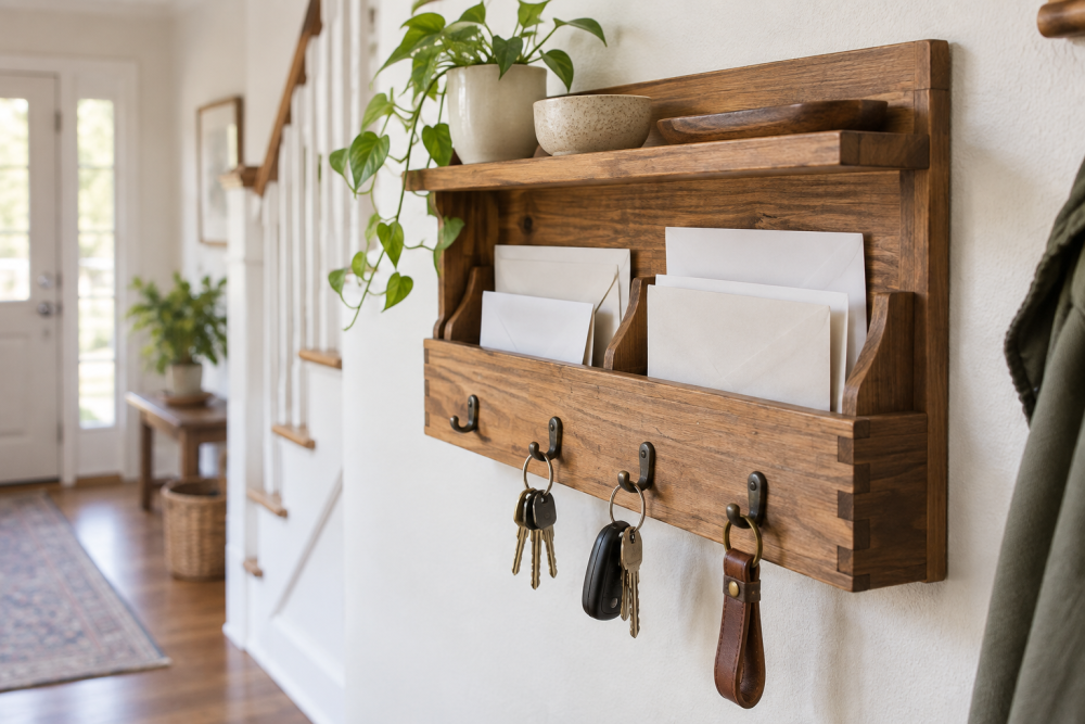 AI-generated editorial illustration of wooden wall organizer