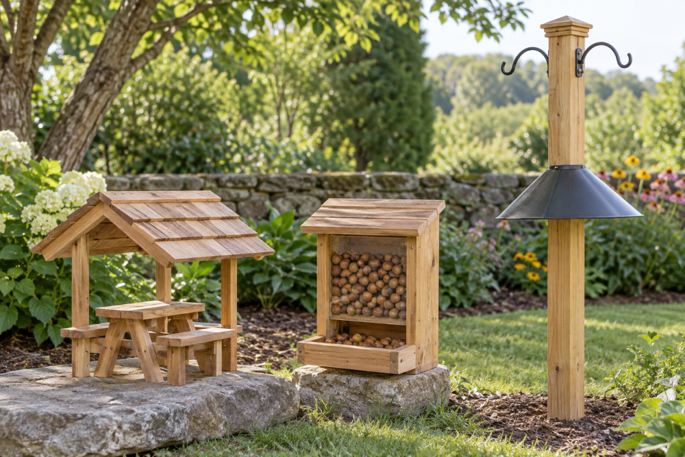 AI-generated editorial illustration of wooden wildlife feeders and baffled pole