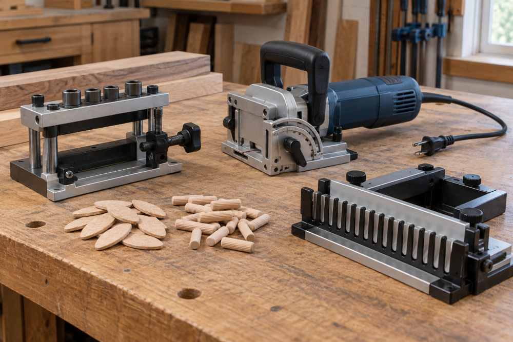 AI-generated editorial illustration of woodworking dowel and biscuit jigs