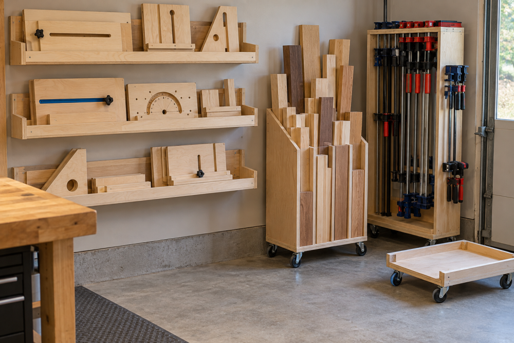 AI-generated editorial illustration of woodworking jig rack and offcut cart