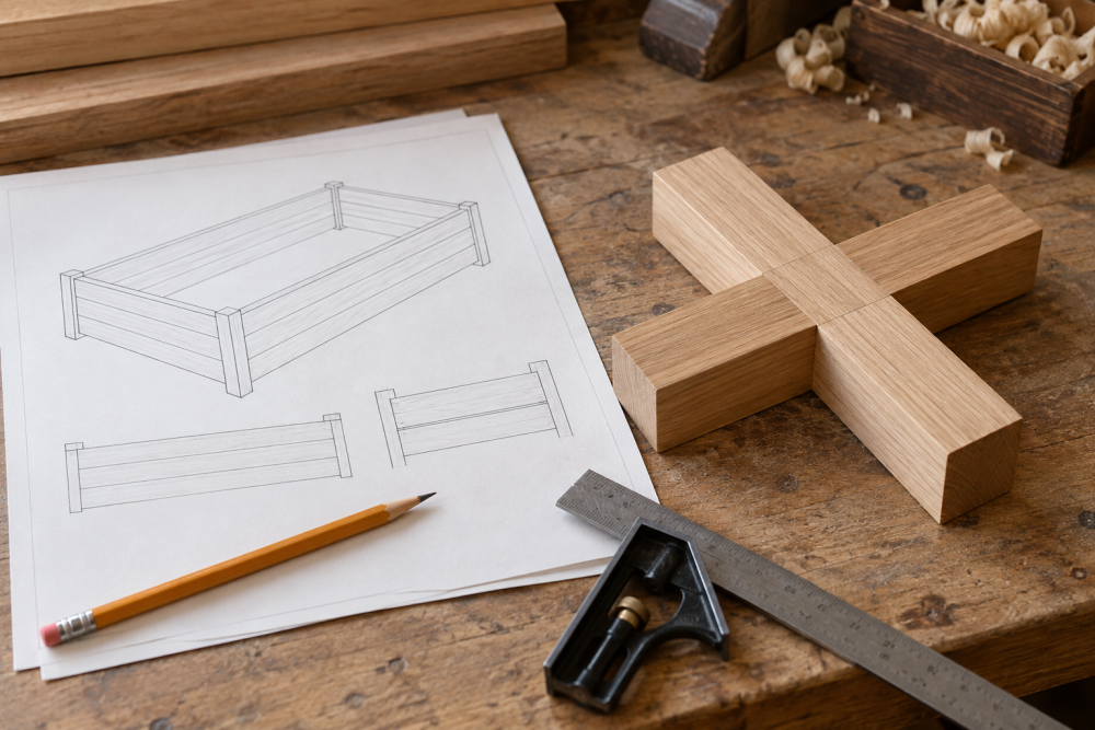 AI-generated editorial illustration of woodworking plans and half lap sample