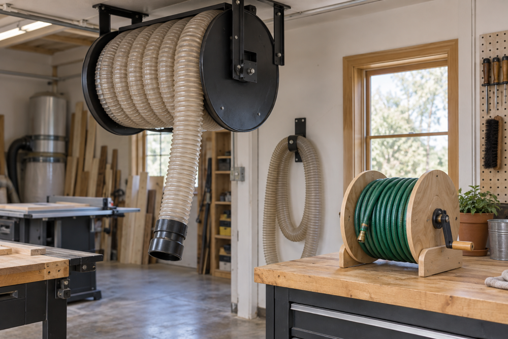AI-generated editorial illustration of workshop hose reels and wooden hose drum