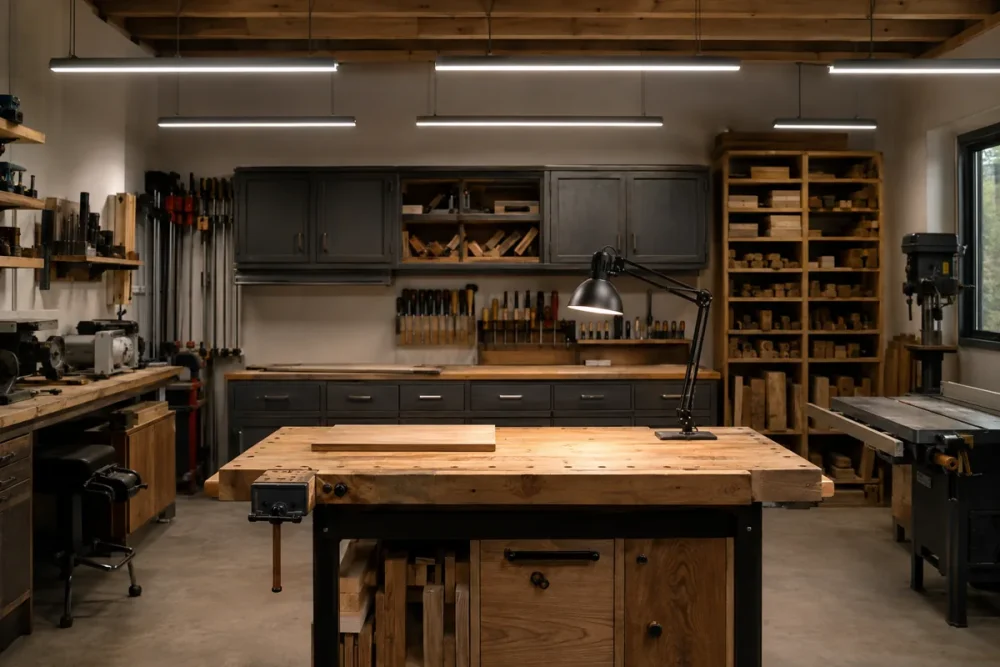 Editorial illustration: overhead lights illuminating a woodworking workshop.