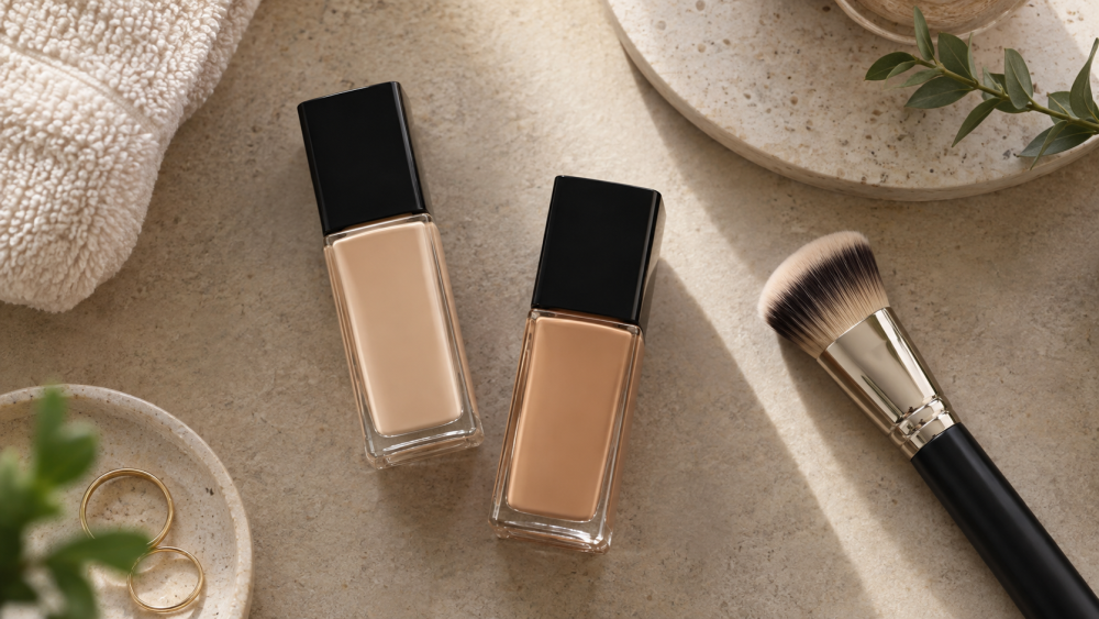 Liquid foundation bottles with a makeup brush