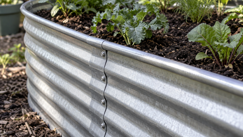 Corrugated metal garden-bed wall beside soil and young plants