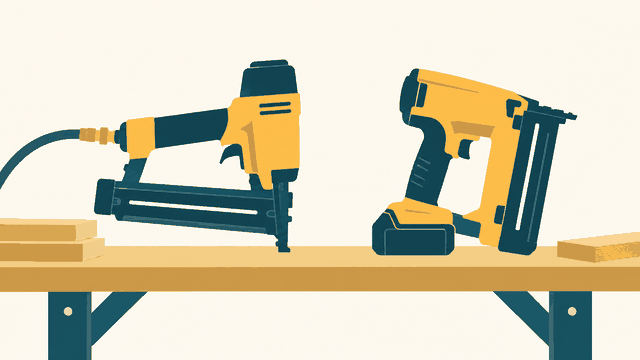 Unbranded pneumatic and cordless nailers set down on a workbench — editorial illustration