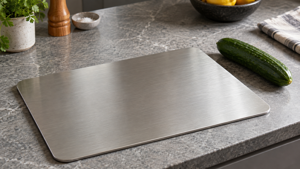 Plain metal cutting board on a kitchen counter