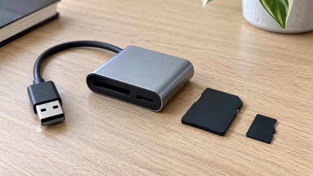 USB memory card reader beside SD and microSD cards