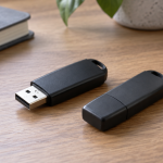 Two USB flash drives on a wooden desk