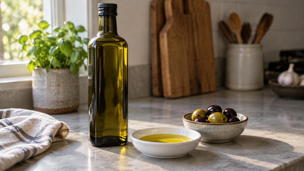 Unlabelled oil bottle with a dish of oil and olives on a kitchen counter.