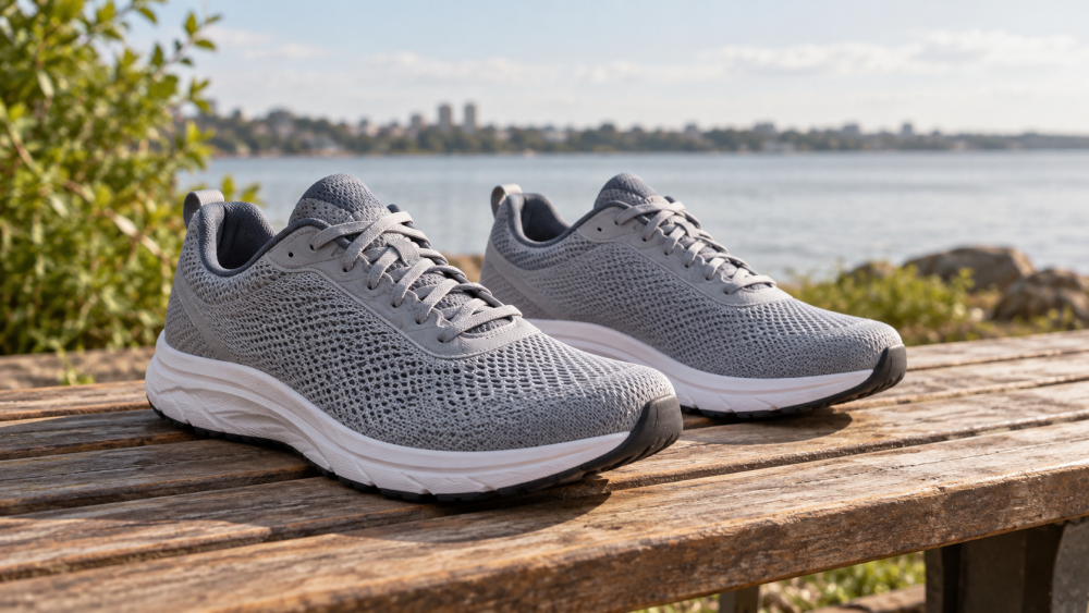 Pair of gray running shoes on an outdoor wooden bench