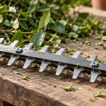 Hedge trimmer blade teeth resting beside cut leaves